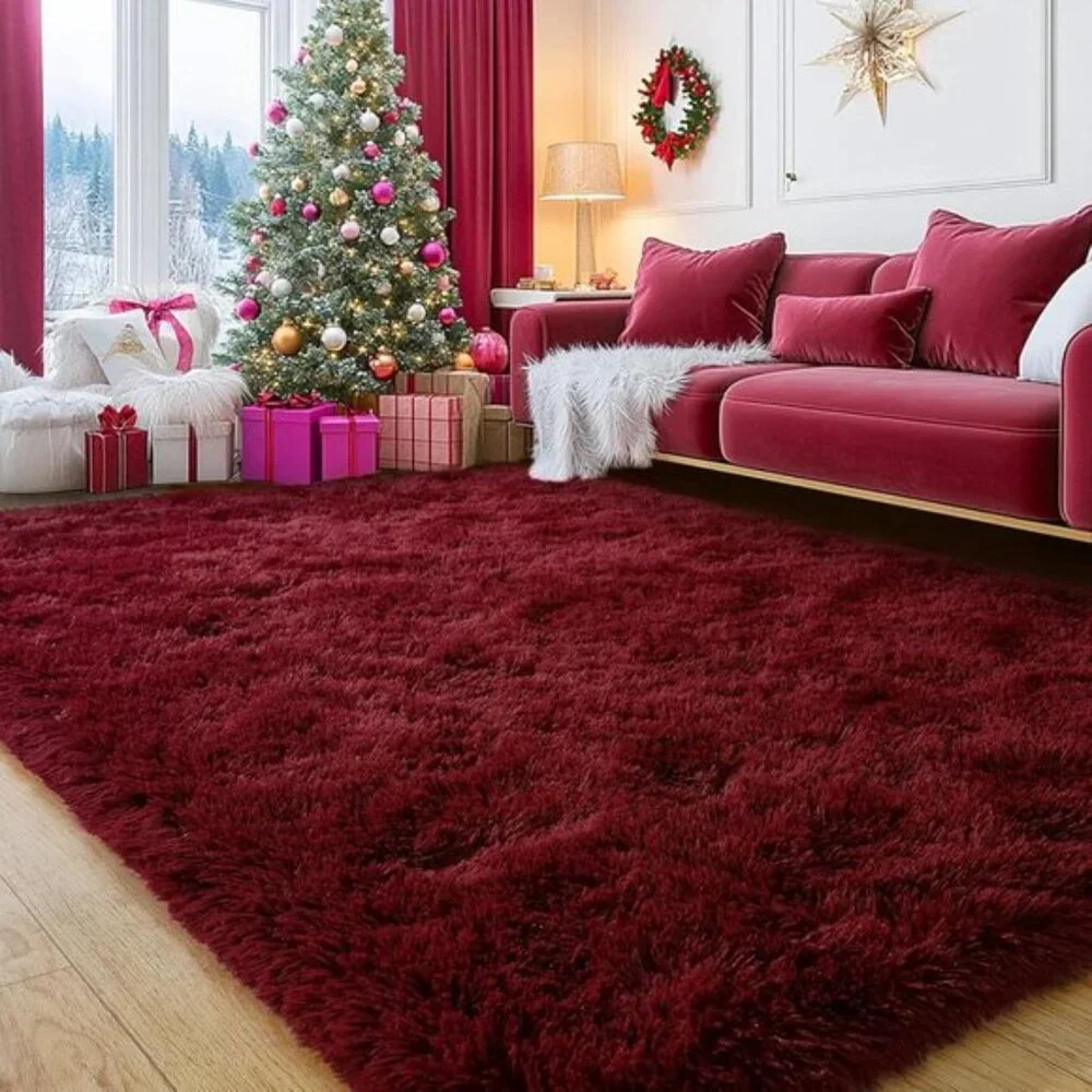 New 8x10 Burgundy Plush Shag Rug, Fuzzy Non-Slip High Pile Carpet for Home Decor